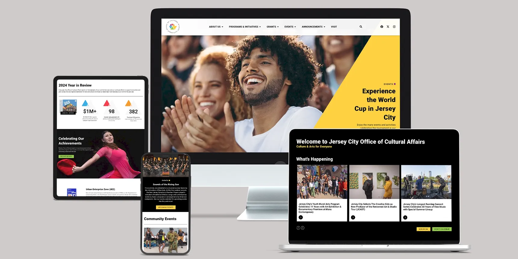 Mockup view of Jersey City Office of Cultural Affairs website seen on desktop, laptop, tablet and mobile devices